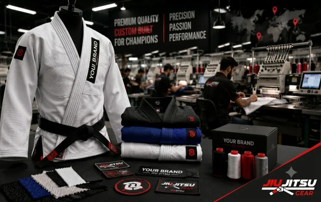 White Jiu-Jitsu gi on a mannequin in a manufacturing factory with custom branded gear patches and embroidery machines in the background.