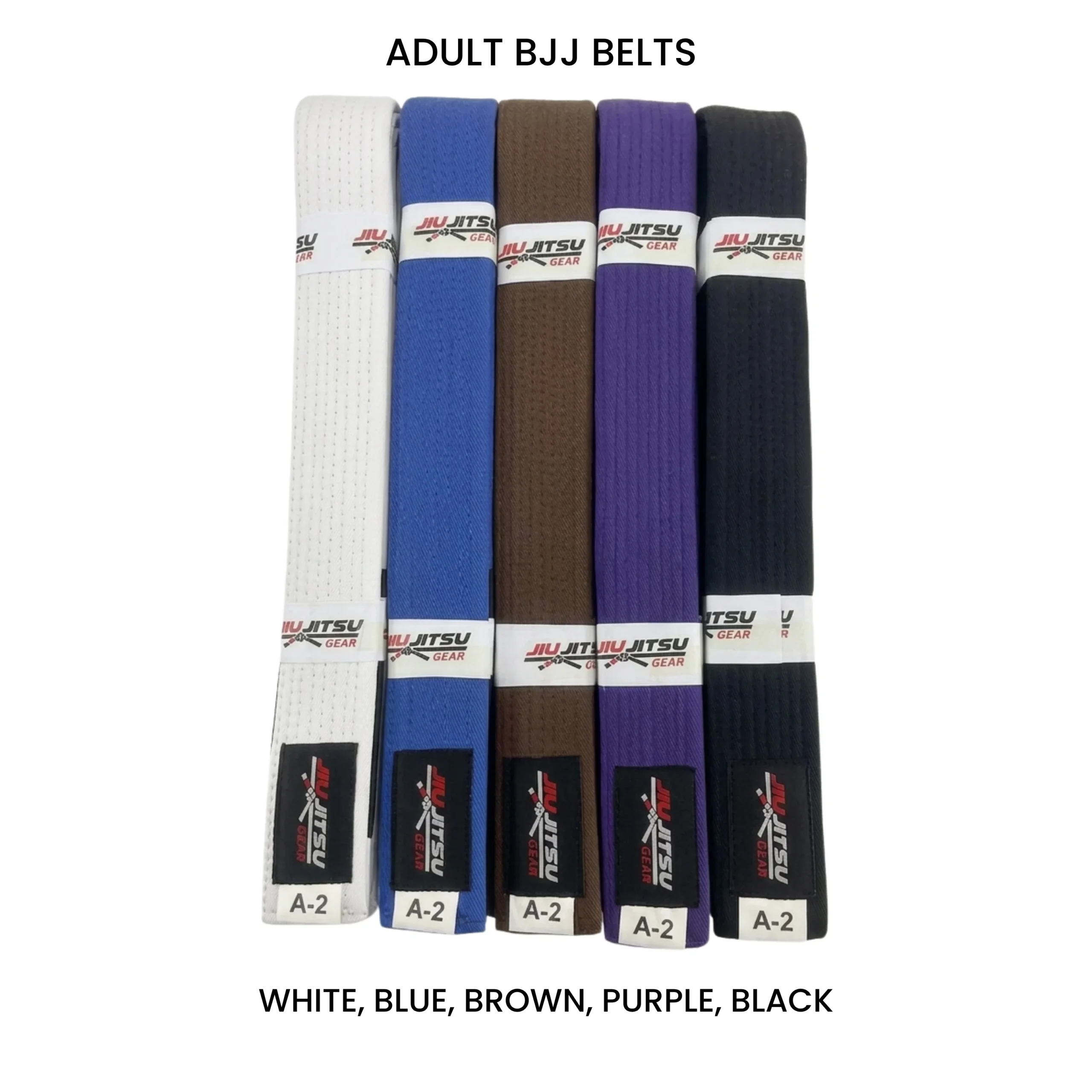 A full set of adult BJJ belts—White, Blue, Brown, Purple, and Black—by JIU JITSU GEAR, in size A-2.