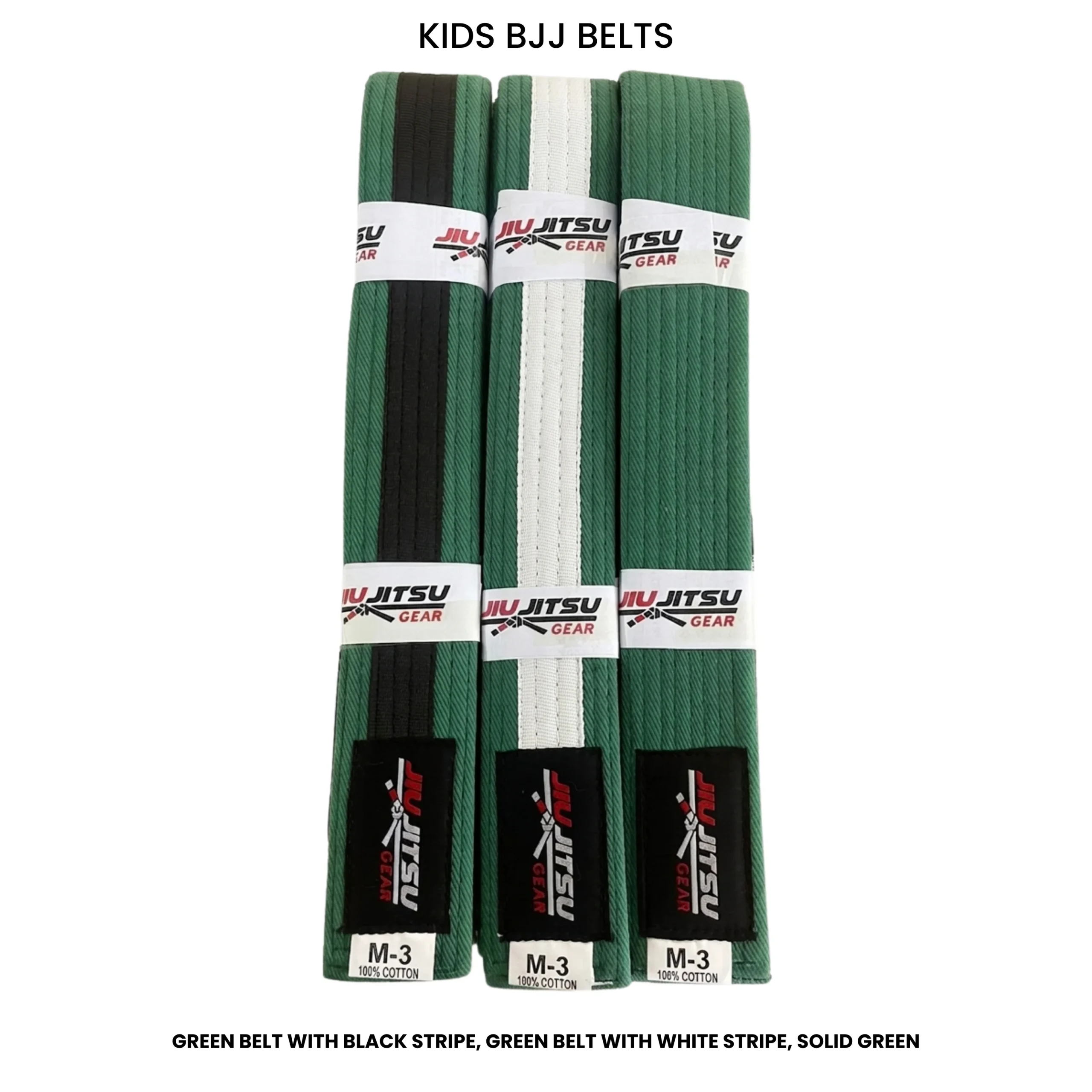 A three-pack of durable, solid Green BJJ rank belts for children, size M-3, by JIU JITSU GEAR.