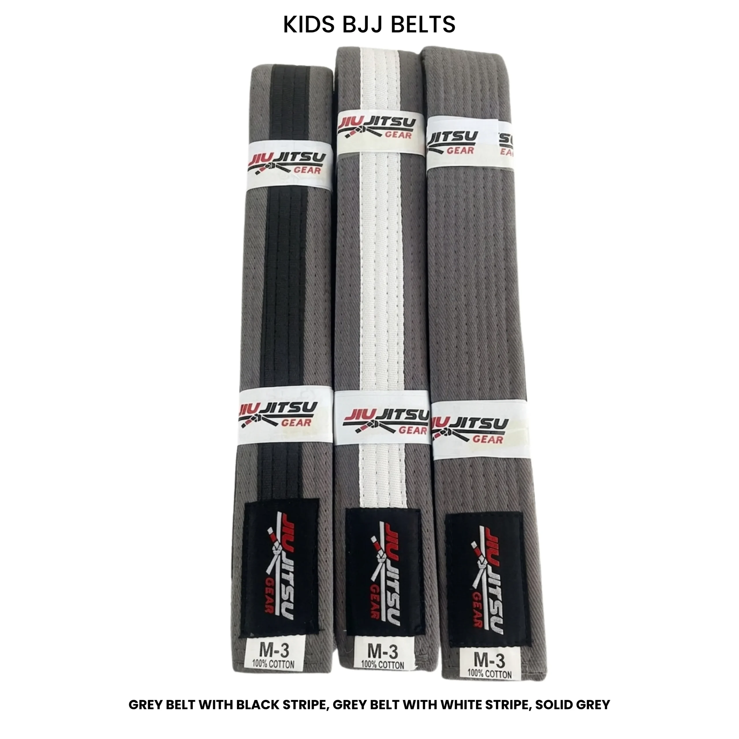 Three Grey BJJ belts (with White, Black, and Red stripes) from JIU JITSU GEAR in size M-3