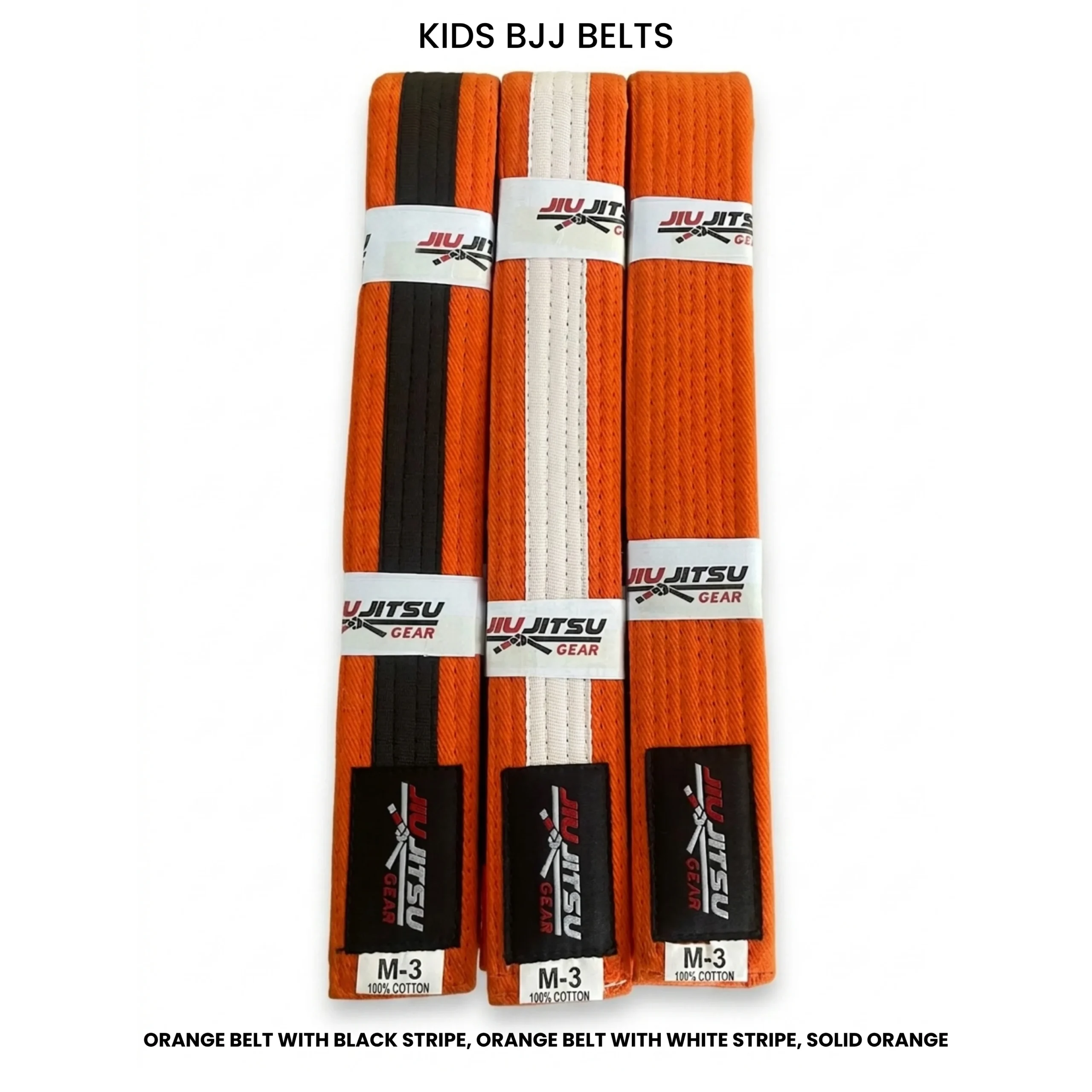 Three 100% cotton solid Orange BJJ belts for kids, size M-3, by JIU JITSU GEAR.