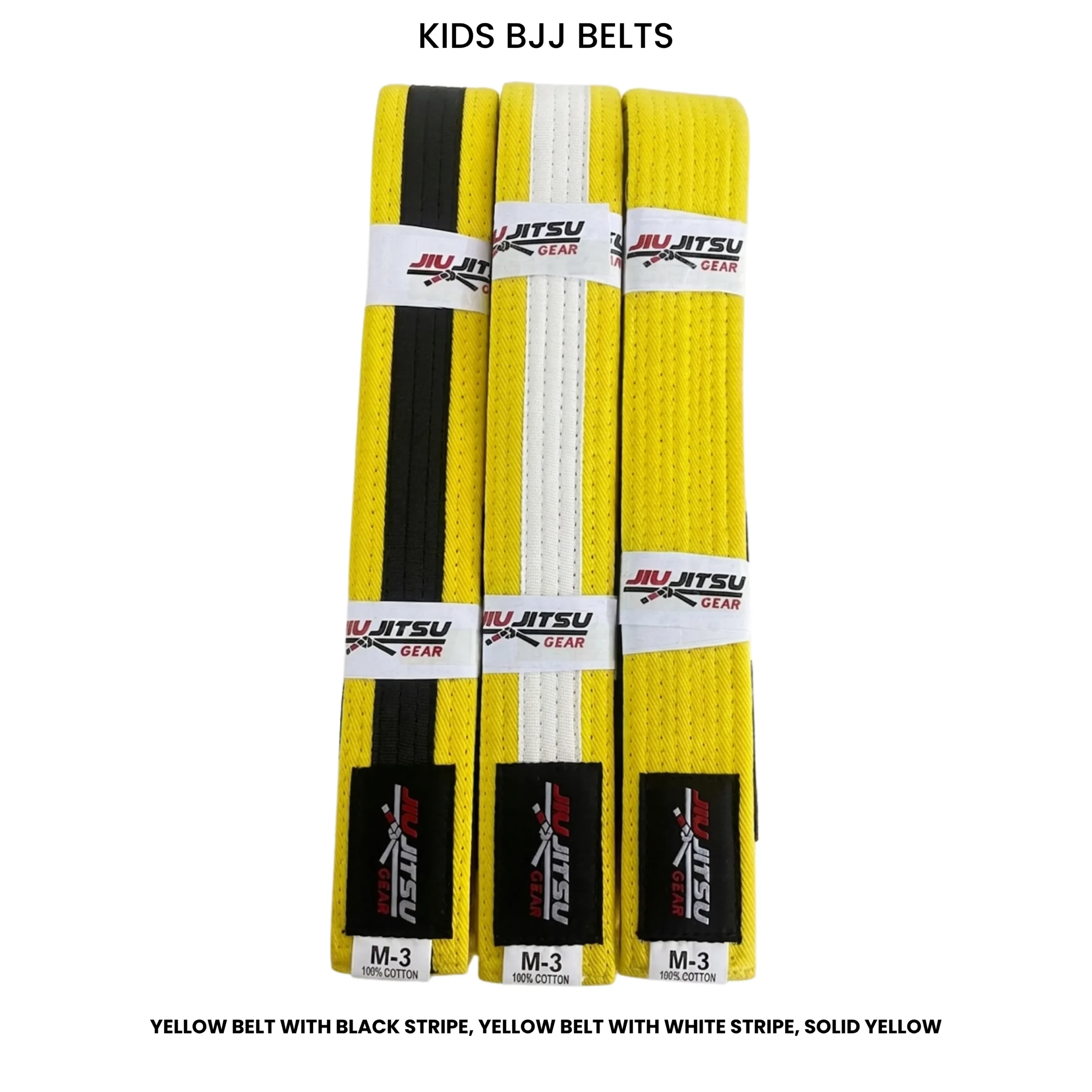 A set of three bright Yellow BJJ rank belts from JIU JITSU GEAR, in size M-3 for kids.