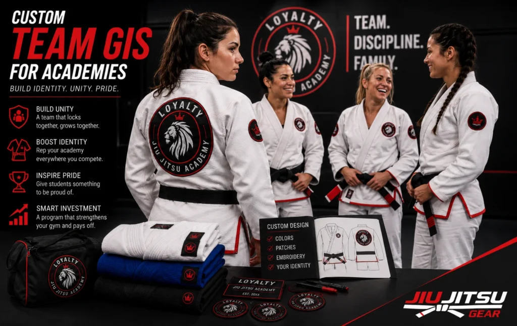 Professional promotional graphic showcasing custom team Brazilian Jiu-Jitsu (BJJ) gis for academies. The image features athletes wearing matching white custom gis with academy logos, folded uniforms, embroidered patches, and a custom design concept. Key highlights focus on team identity, academy branding, custom embroidery, patches, and uniform personalization, with Jiu Jitsu Gear branding displayed in the bottom-right corner.