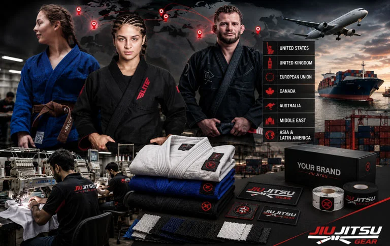 Custom Jiu-Jitsu gi uniforms and martial arts apparel for global wholesale manufacturing, featuring premium fabrics, private label branding, OEM production, and worldwide shipping.