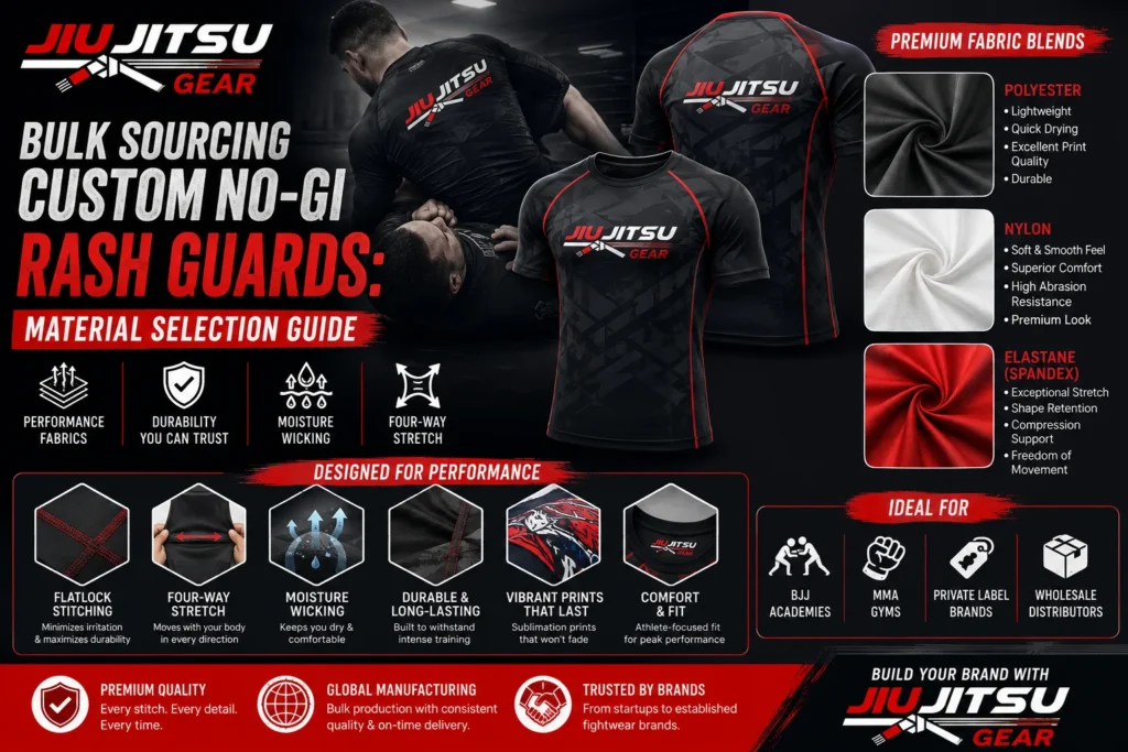 Bulk sourcing custom No-Gi rash guards material selection guide featuring Jiu Jitsu Gear apparel, polyester, nylon and elastane fabrics, four-way stretch, moisture-wicking, and durable performance features.