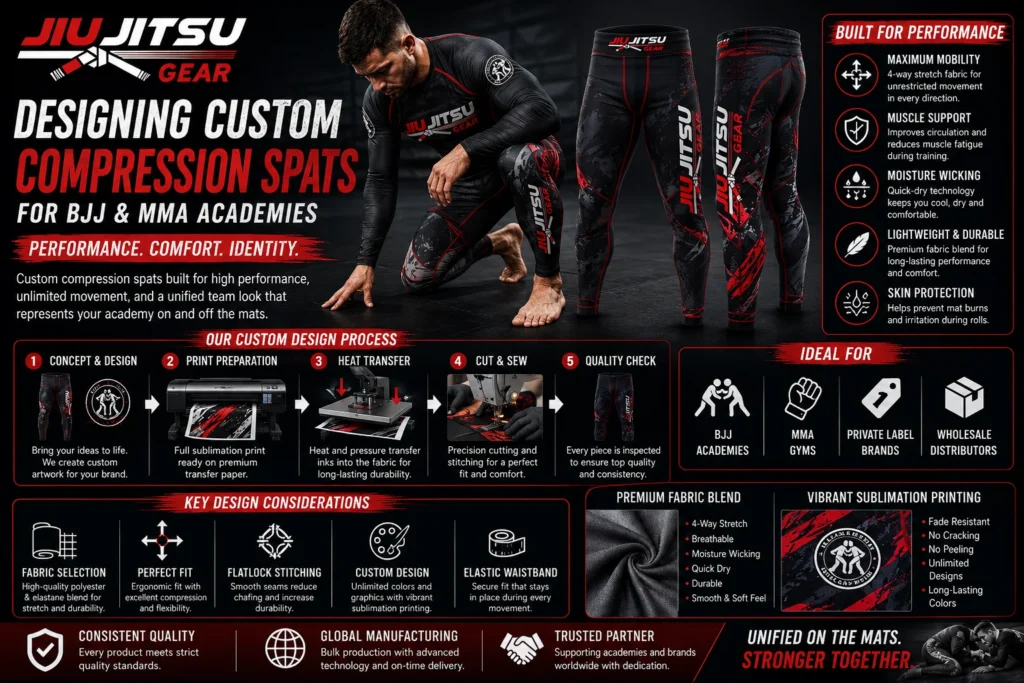 Custom compression spats for BJJ and MMA academies featuring four-way stretch fabric, sublimation printing, mobility, durability, and performance-focused design.