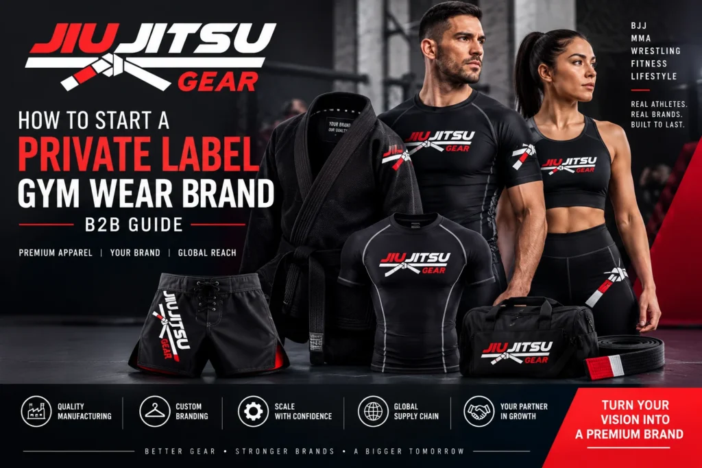 Private label gym wear brand B2B guide featuring Jiu Jitsu Gear combat sports apparel, custom branding, and premium athletic wear.