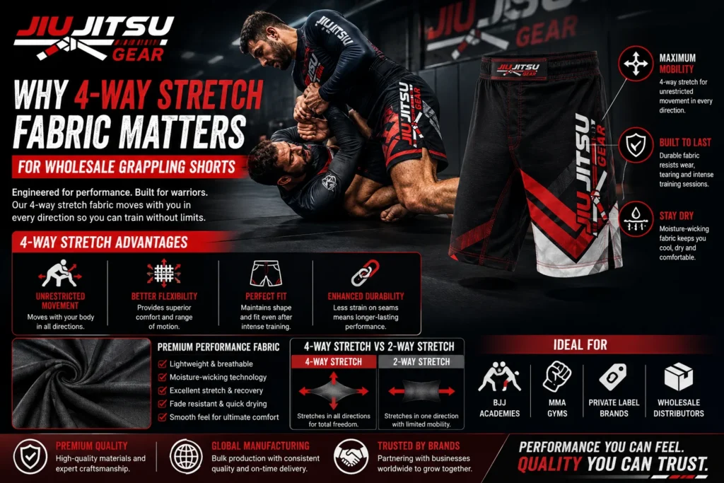 Why four-way stretch fabric matters for wholesale grappling shorts, featuring Jiu Jitsu Gear performance shorts, flexible stretch fabric, durability, moisture-wicking, and unrestricted movement.