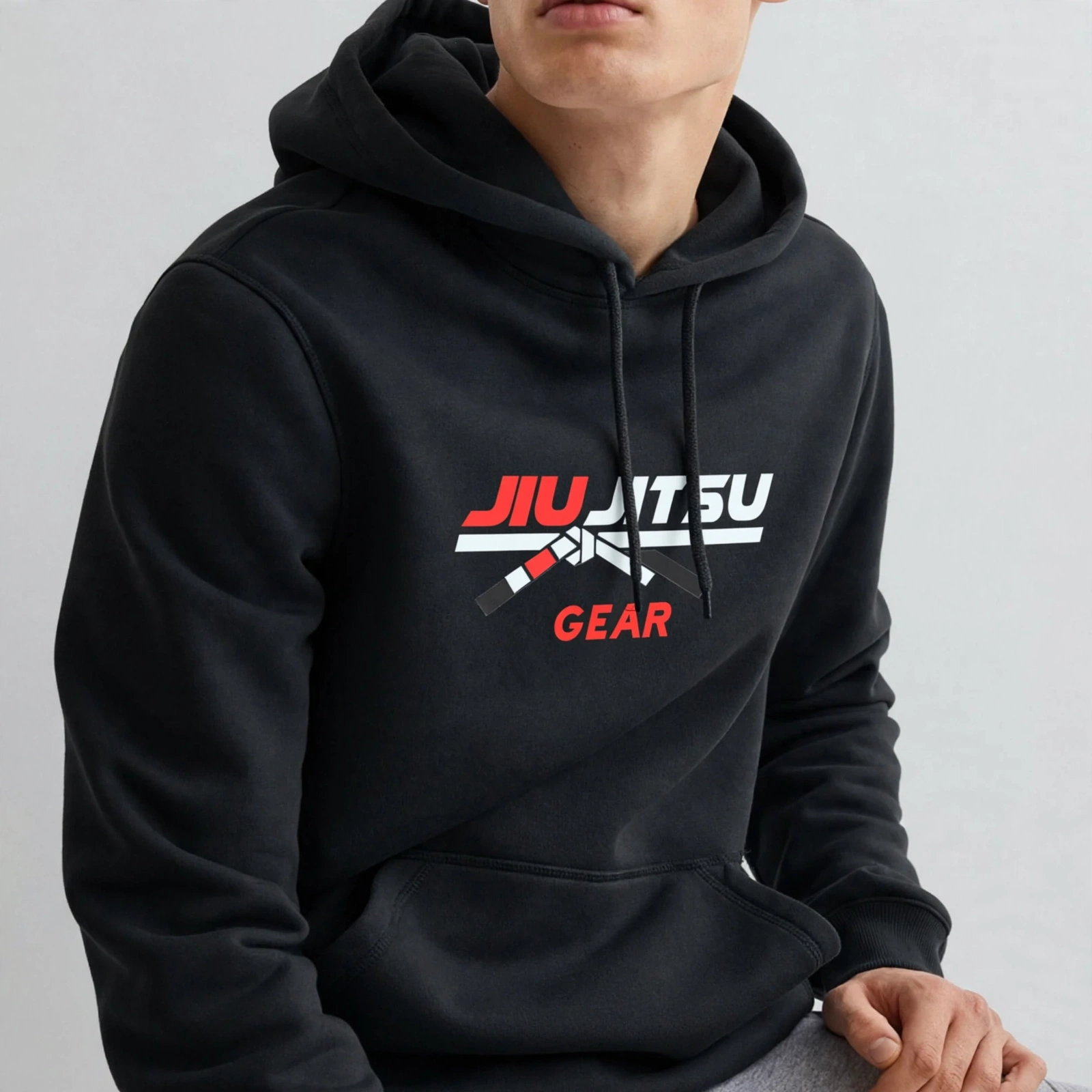 Black Jiu Jitsu Gear Hoodie - Men's Jiu Jitsu Pullover Hoodie with Belt Logo - BJJ Lifestyle Streetwear