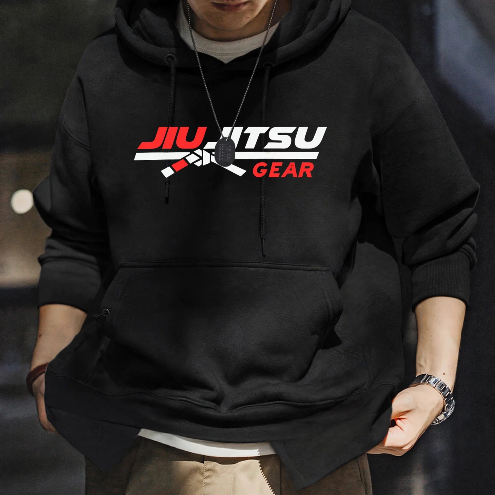 Men's Black JIU JITSU GEAR Hoodie Front View - Pullover BJJ Hoodie with Red White Logo - Heavyweight Fleece