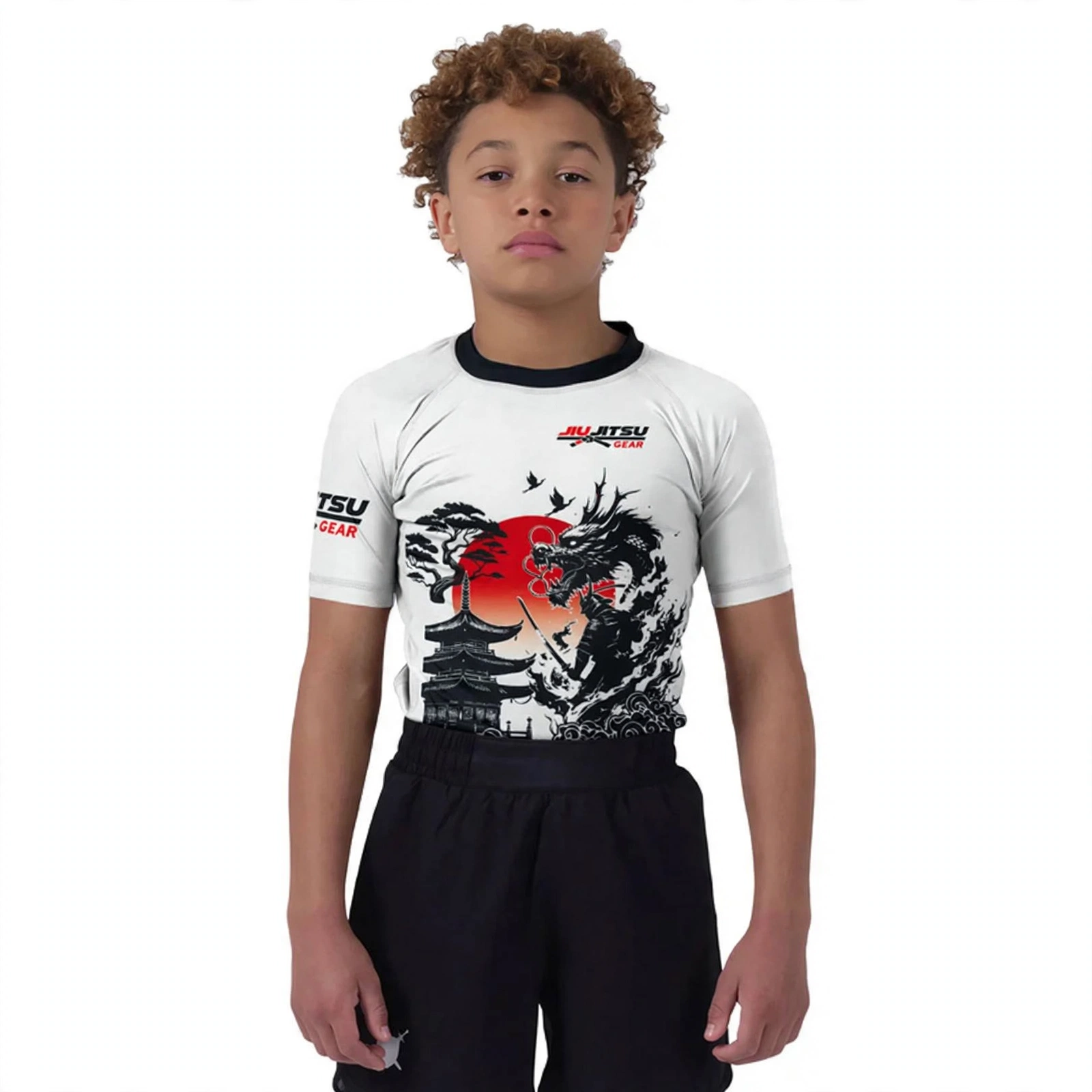 White Youth BJJ Rashguard Short Sleeve - Samurai vs Dragon Japanese Art - Jiu Jitsu Gear Kids No-Gi Shirt