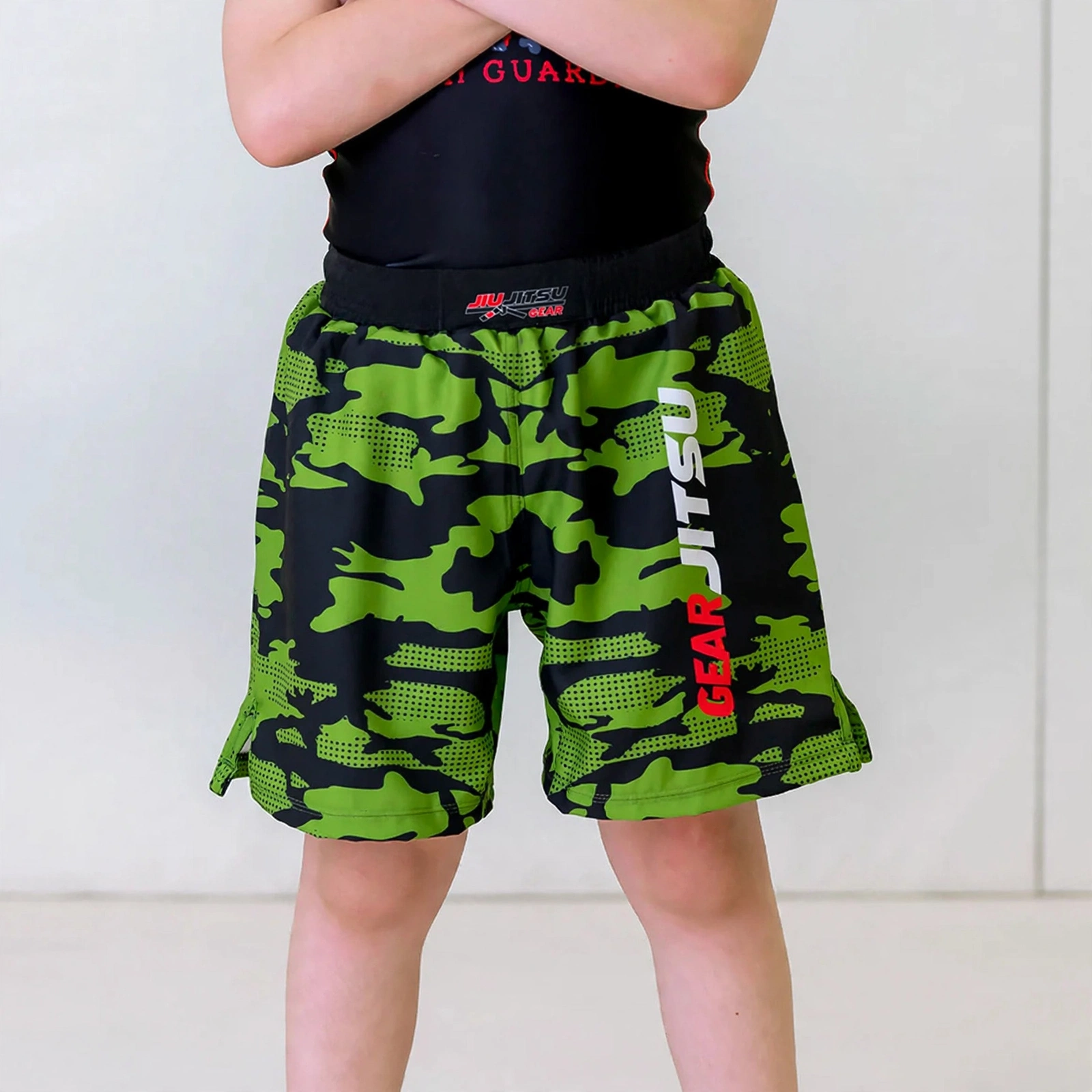 Kids Green Camo BJJ MMA Shorts - Jiu Jitsu Gear No-Gi Fight Shorts Camouflage Green Black