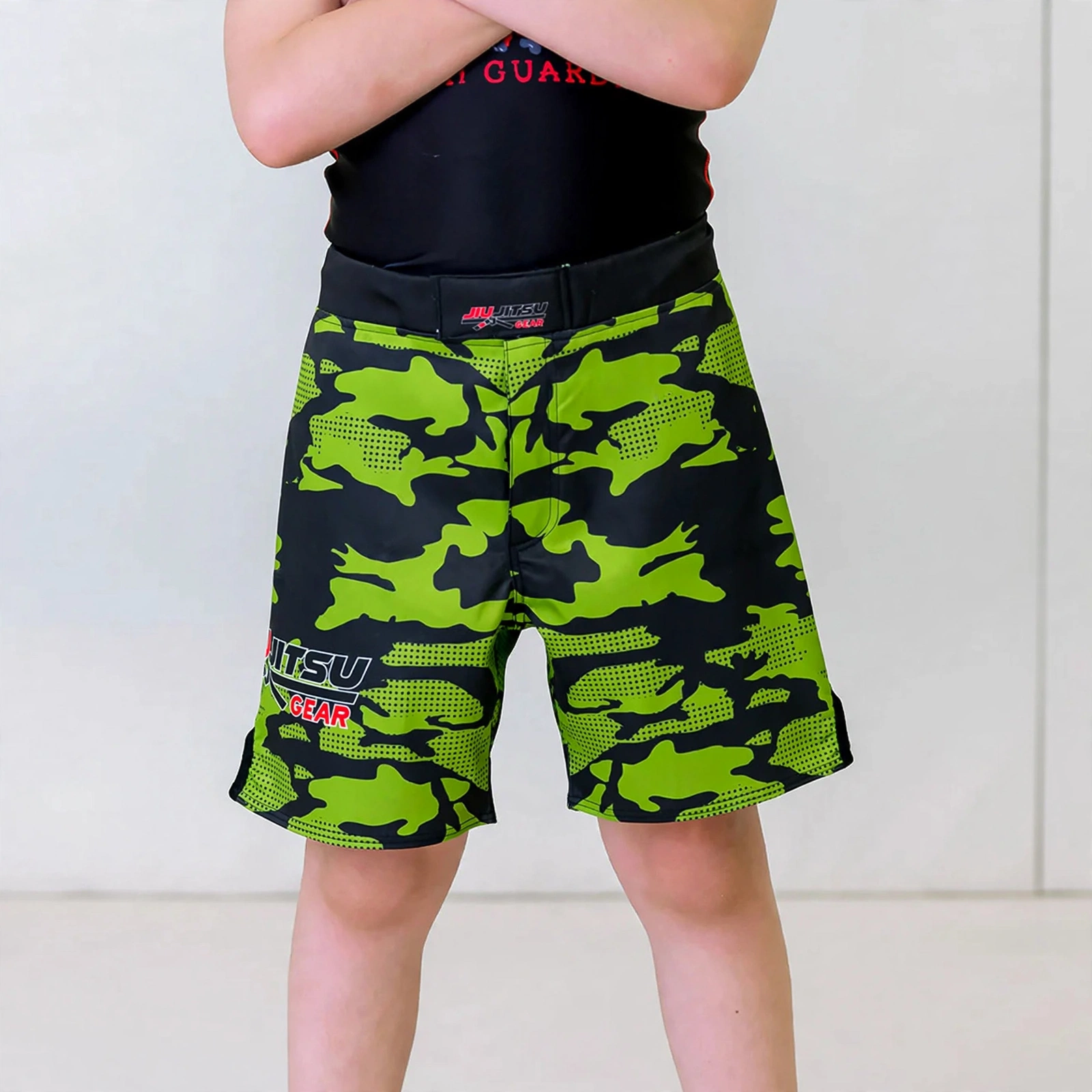 Kids Green Camo BJJ MMA Shorts - JIU JITSU GEAR Youth No-Gi Fight Shorts - Camouflage Grappling Shorts for Children