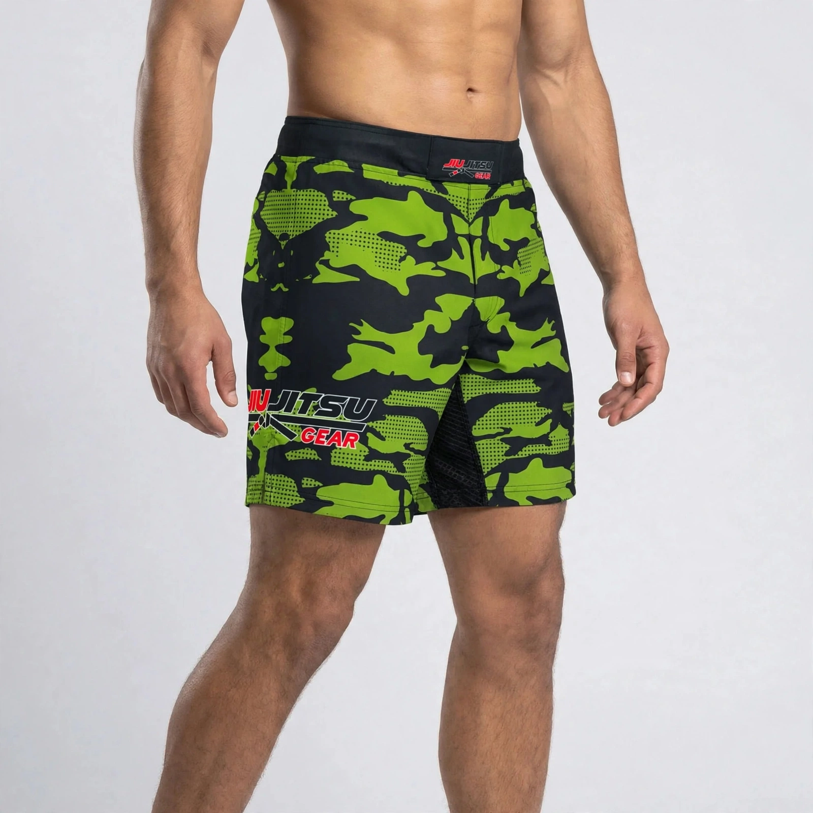 Men's Green Camo BJJ MMA Shorts - Jiu Jitsu Gear No-Gi Fight Shorts - Camouflage Green Black