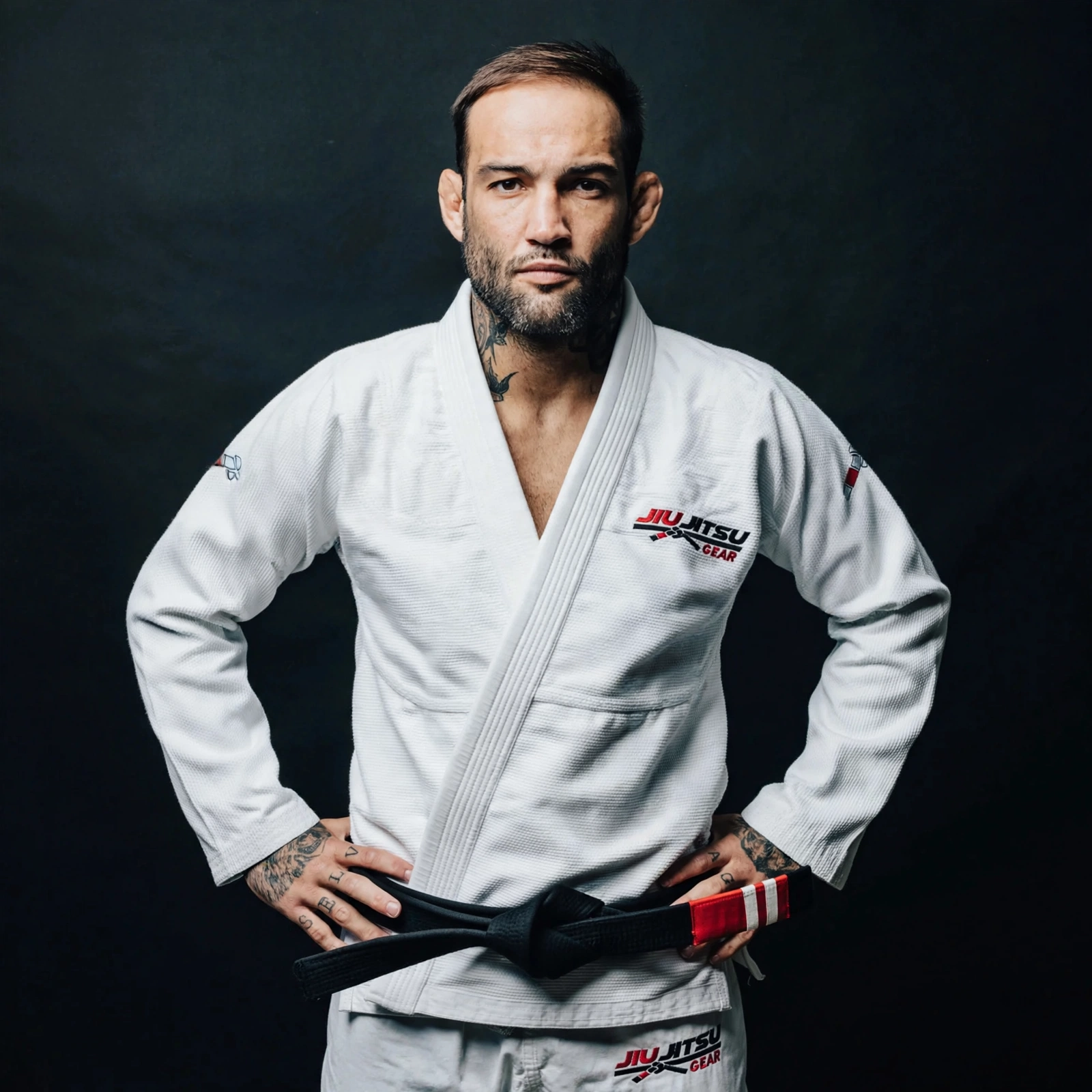Male BJJ black belt athlete wearing white JIU JITSU GEAR Brazilian Jiu Jitsu Gi set - pearl weave kimono jacket with red black embroidered logo on chest and matching white pants with logo - size A2
