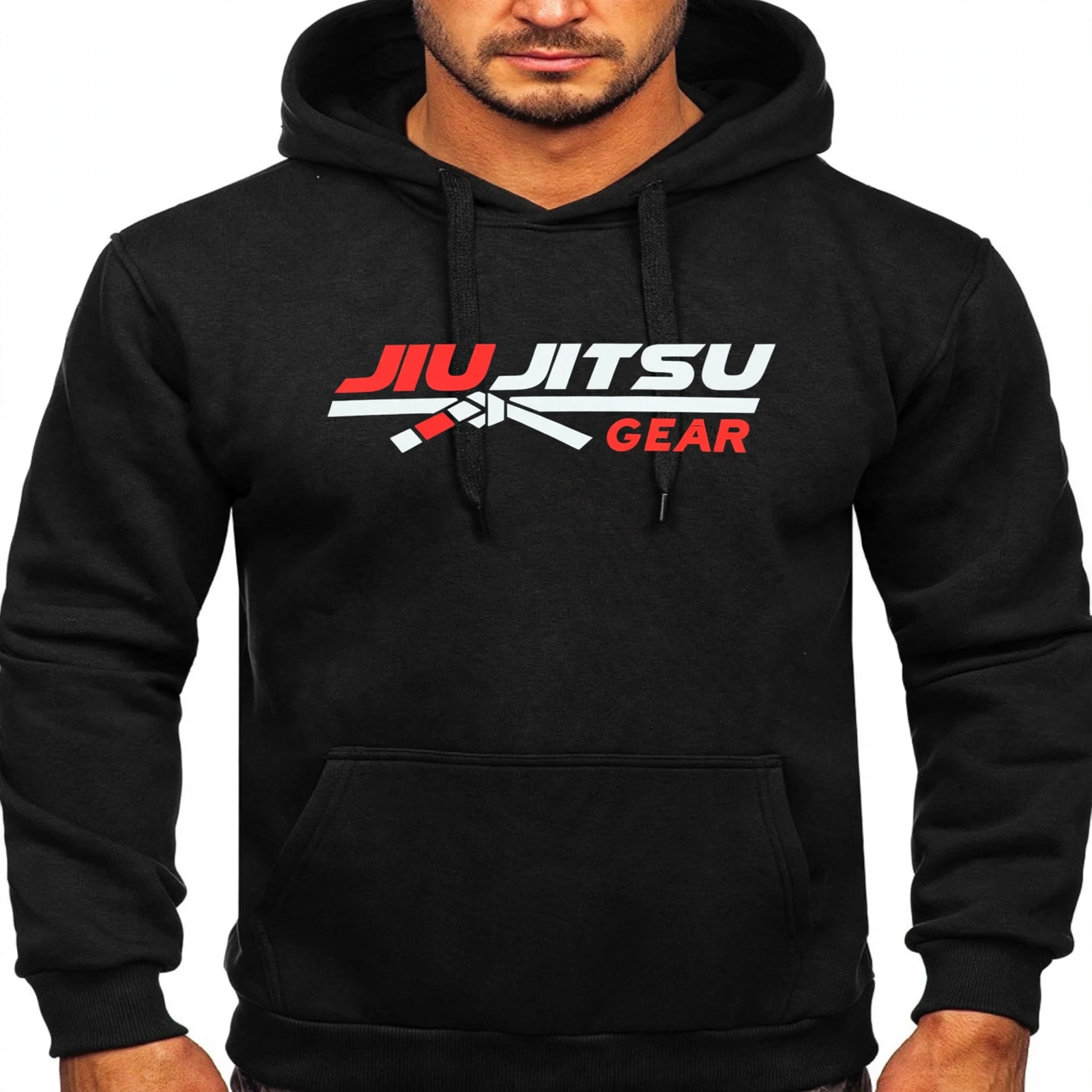 Men's Black JIU JITSU GEAR Hoodie Front View - Branded BJJ Pullover Hoodie with Chest Logo - Jiu Jitsu Lifestyle Wear