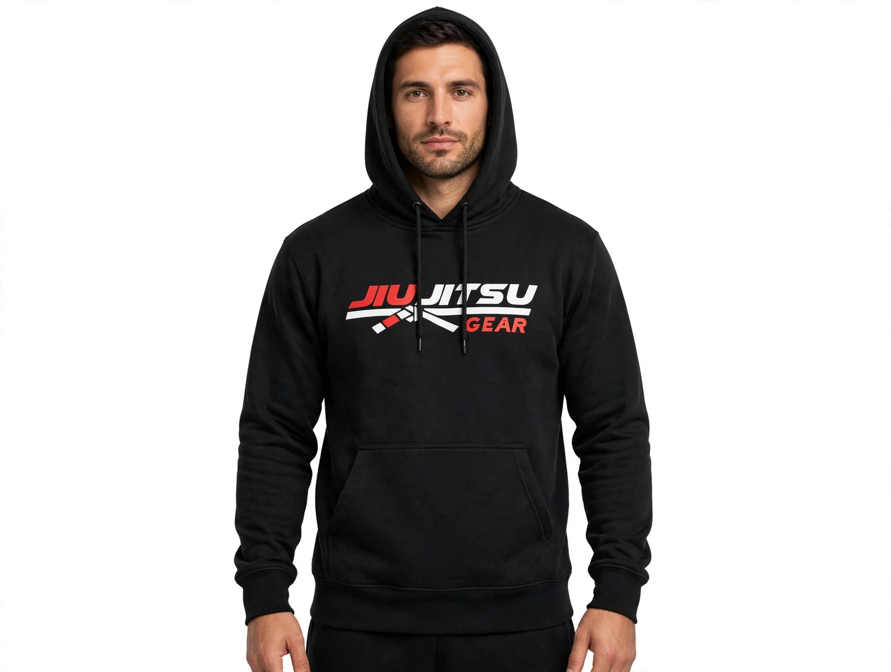 Men's Black JIU JITSU GEAR Hoodie Front View - BJJ Pullover Hoodie with Chest Logo - Heavyweight Fleece Hoodie for Jiu Jitsu