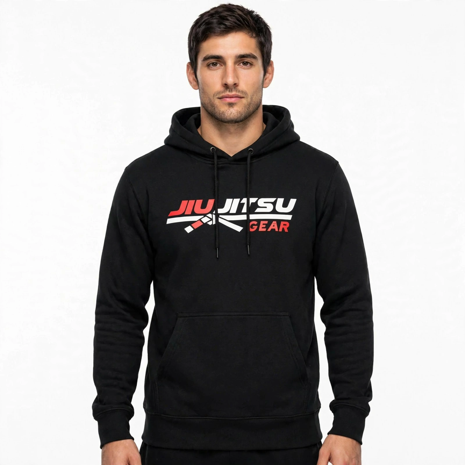 Black JIU JITSU GEAR Hoodie 1600x1600 - Men's BJJ Pullover Hoodie Front View - Jiu Jitsu Gear Chest Logo