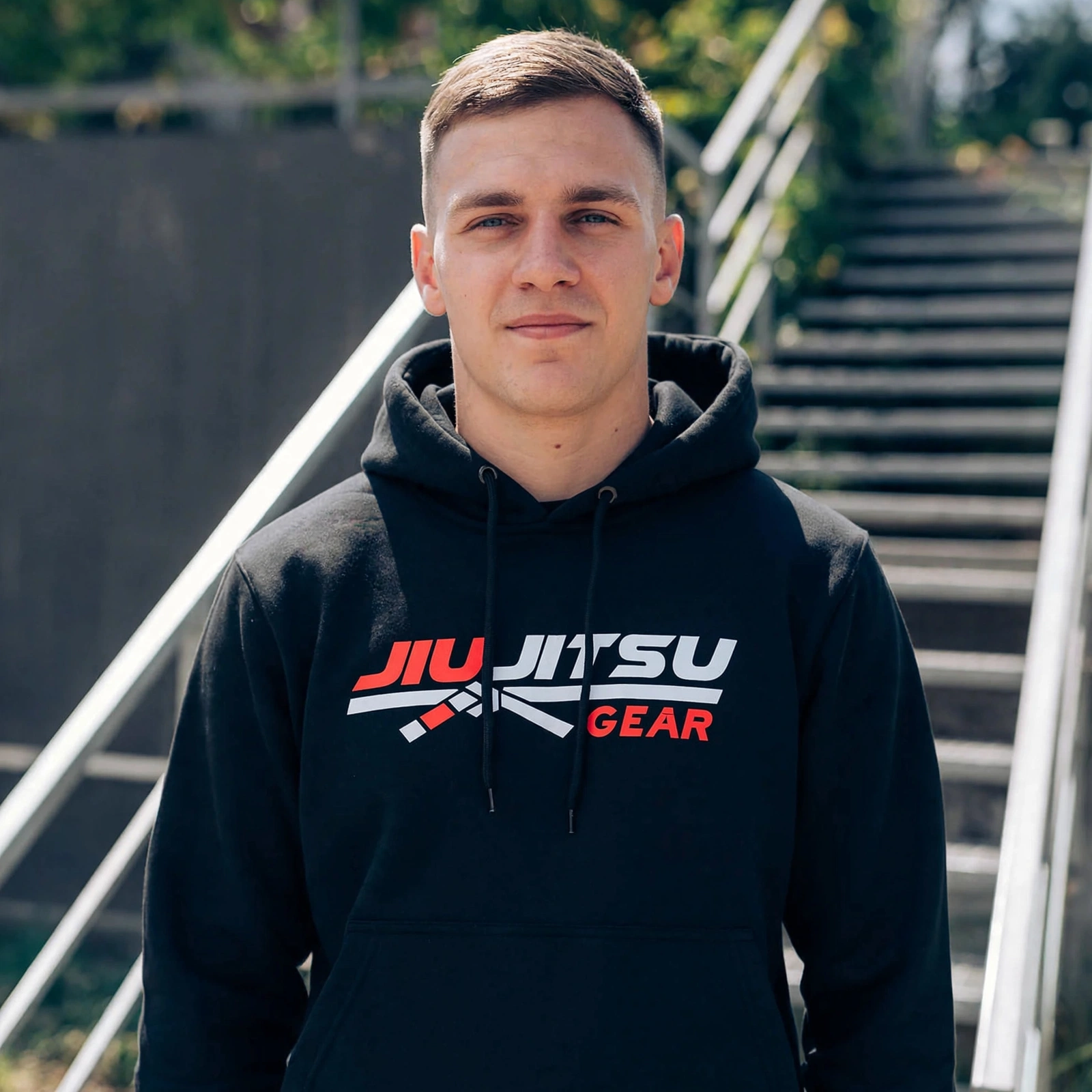 Men's Black Jiu Jitsu Gear Hoodie Front View - JIU JITSU GEAR Pullover Hoodie with Belt Logo - BJJ Streetwear
