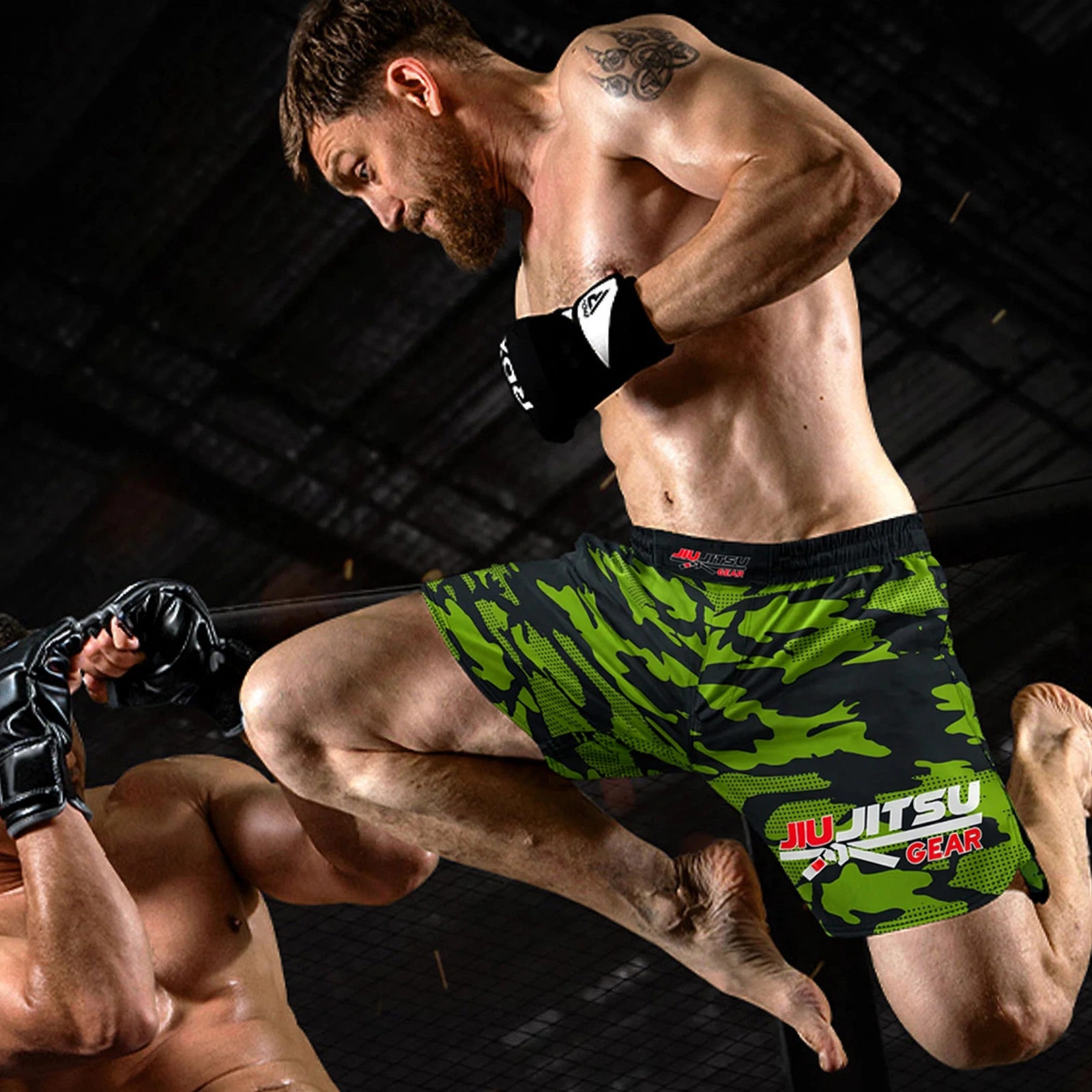 Men's Green Camo MMA Fight Shorts - Jiu Jitsu Gear No-Gi Shorts - Camouflage BJJ Grappling Shorts