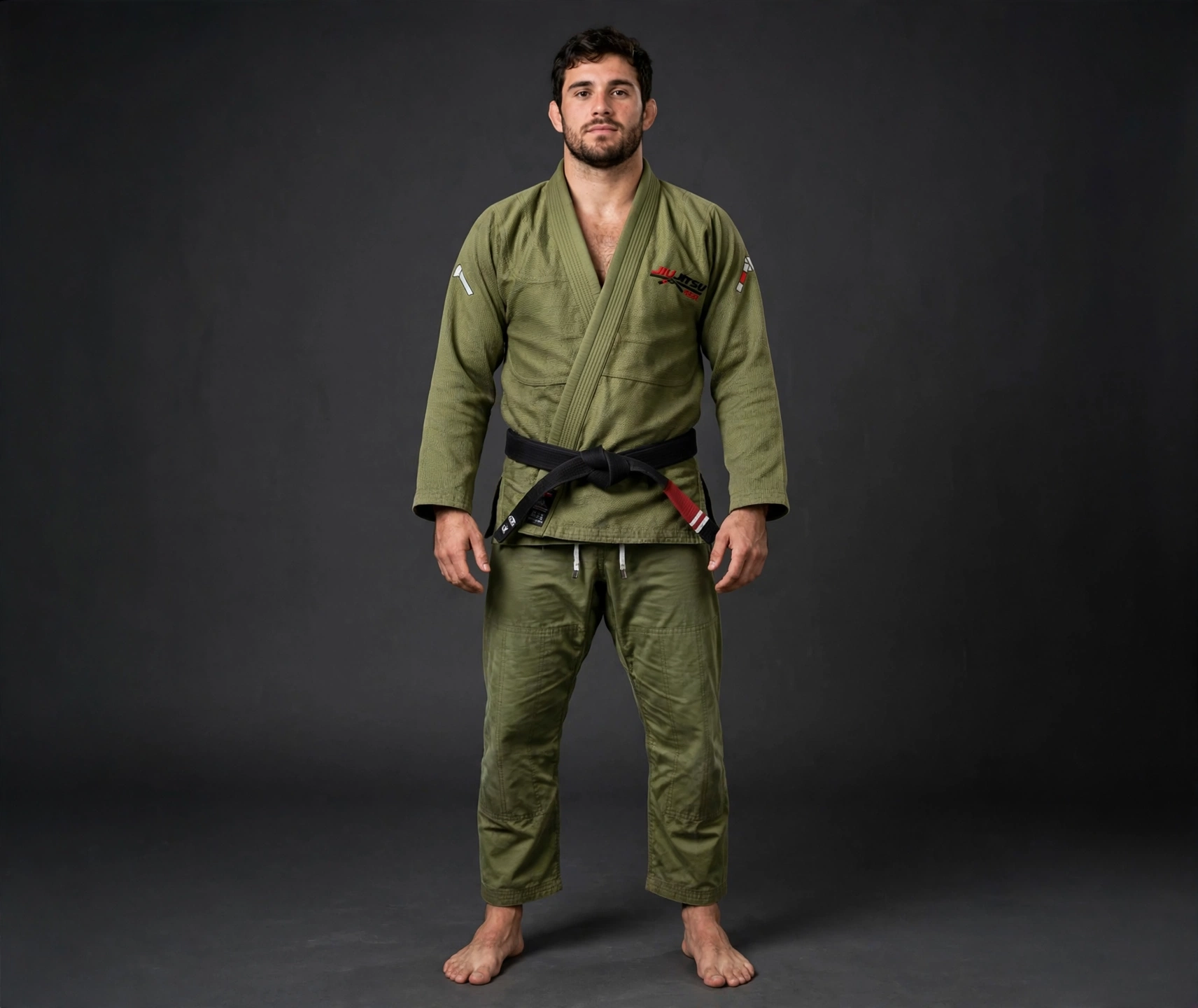 Olive green Brazilian Jiu Jitsu Gi jacket flat lay - JIU JITSU GEAR pearl weave BJJ kimono with embroidered logo on chest - light military olive color