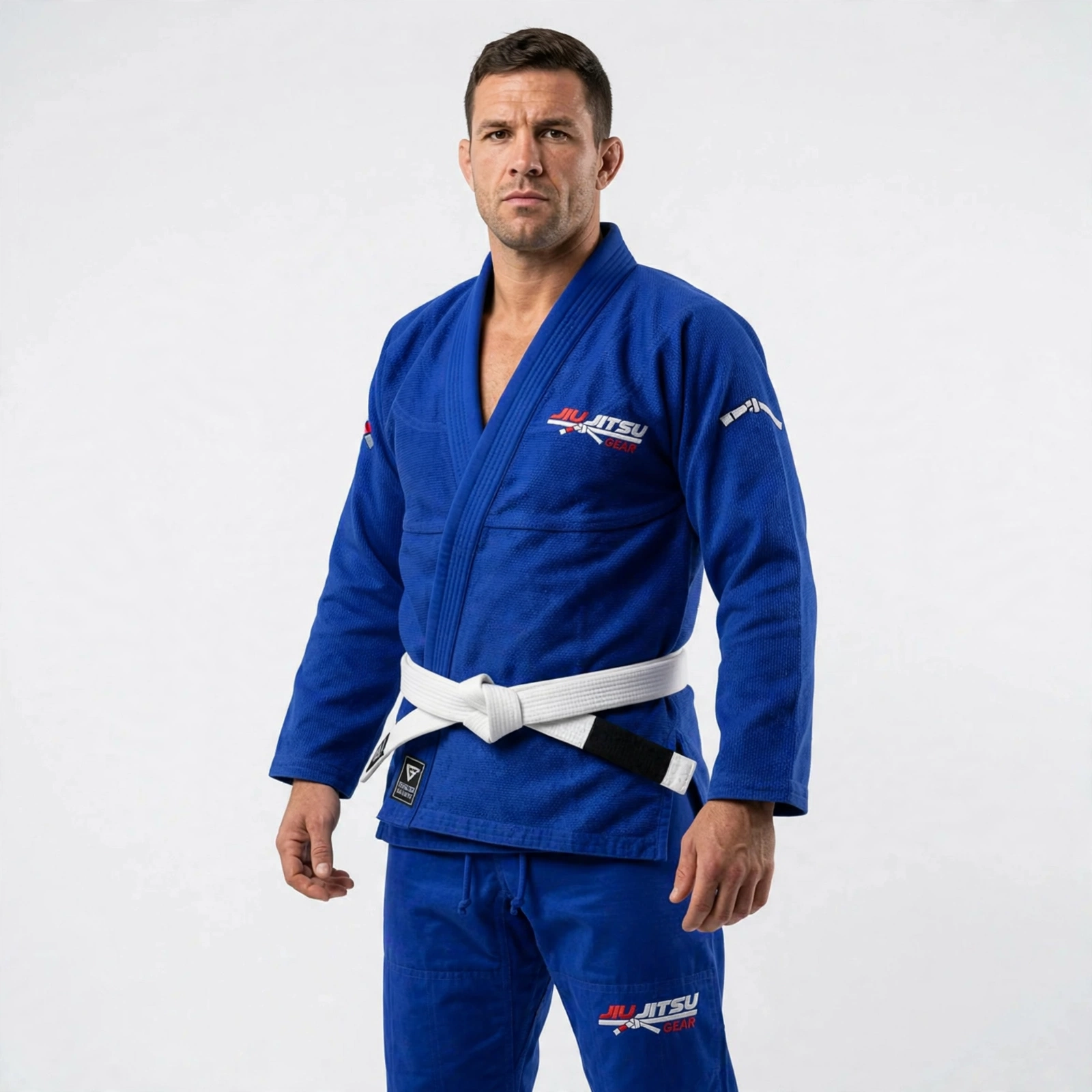 Male BJJ white belt athlete wearing royal blue JIU JITSU GEAR Brazilian Jiu Jitsu Gi set - pearl weave jacket with embroidered logo on chest and matching blue pants with logo on thigh