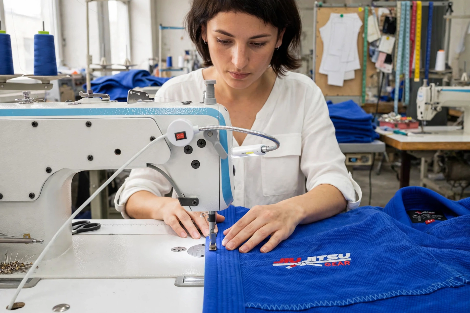 Seamstress sewing royal blue JIU JITSU GEAR Brazilian Jiu Jitsu Gi jacket on industrial sewing machine - BJJ Gi manufacturing process - pearl weave stitching