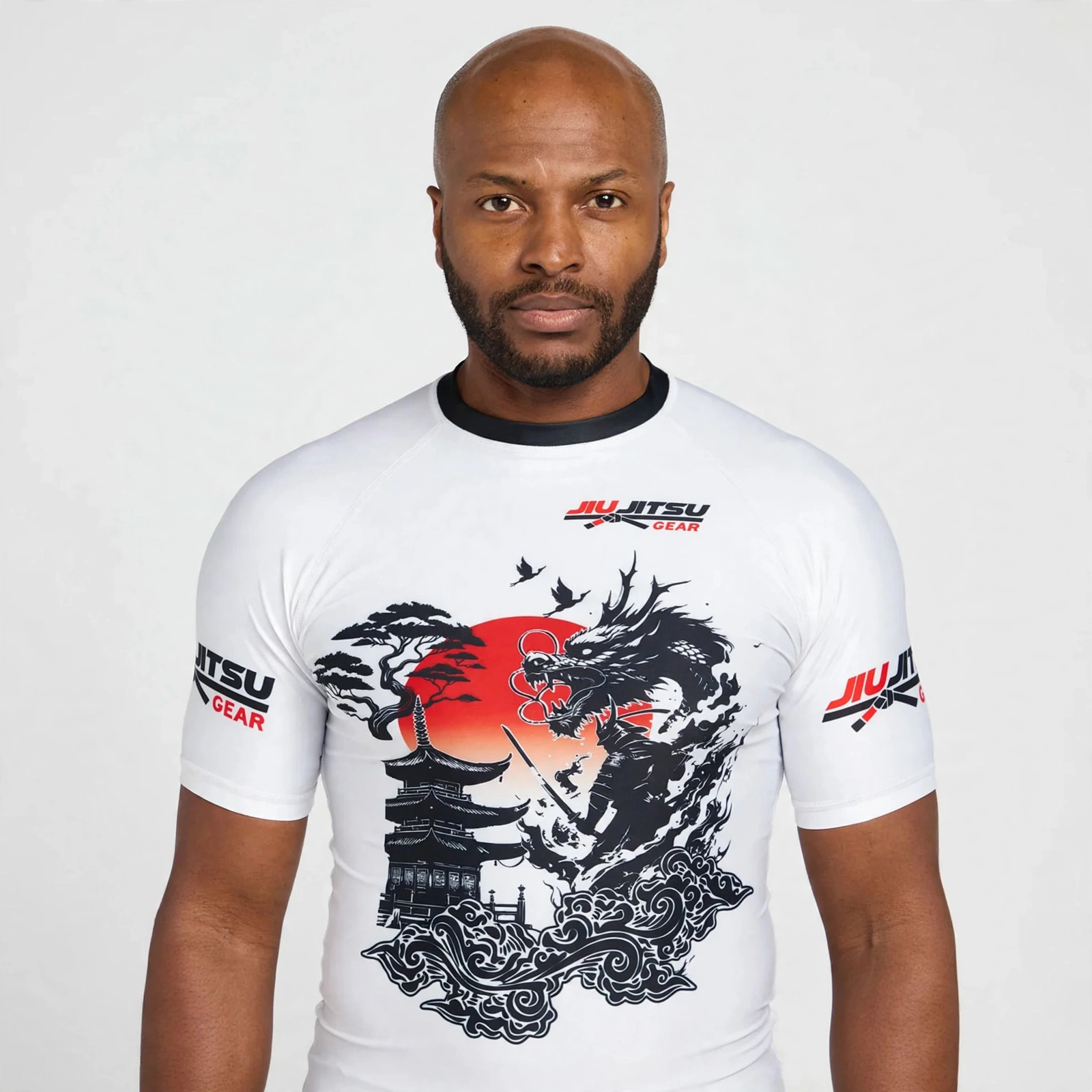 White Jiu Jitsu Rashguard with Black Dragon and Samurai vs Japanese Temple Graphic - Short Sleeve BJJ Rash Guard with Red Sun