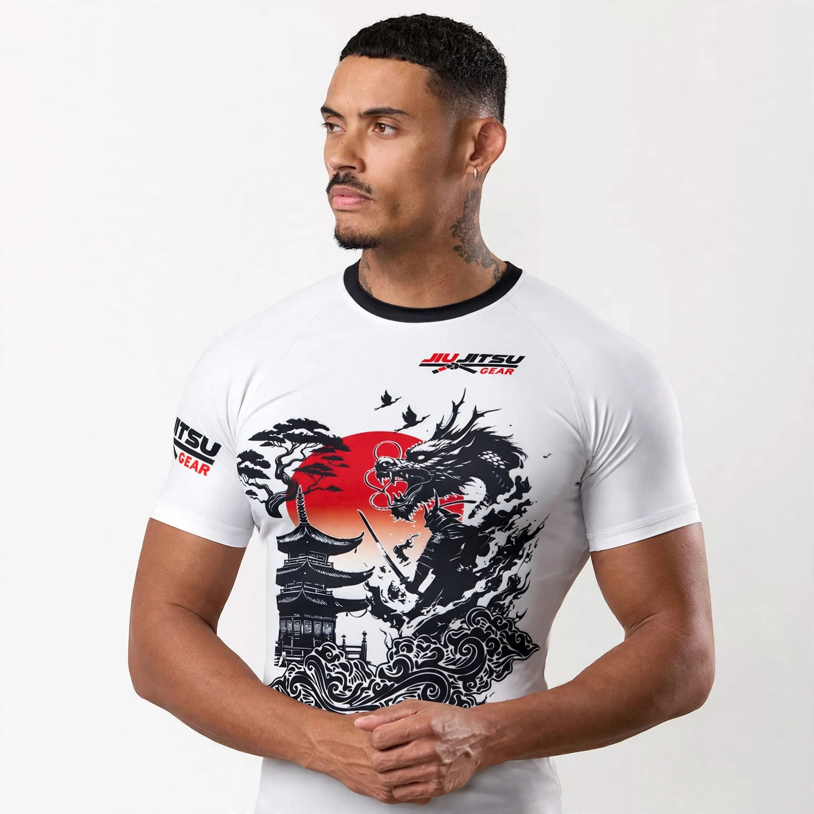 Men's White BJJ Rashguard Short Sleeve - Samurai vs Dragon Japanese Art - Jiu Jitsu Gear No-Gi Compression Shirt